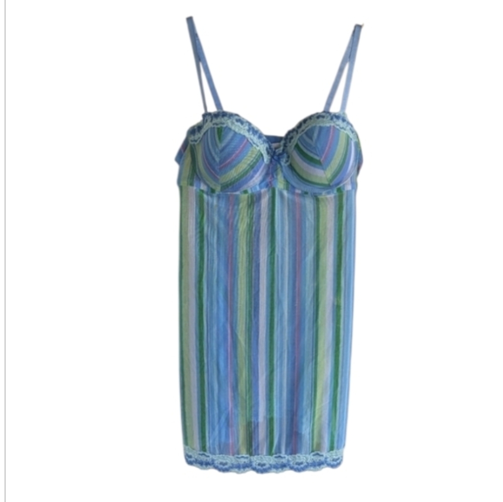 Vintage Y2k Fairy Rampage Medium Slip Striped Bustier Blue Green Chemise